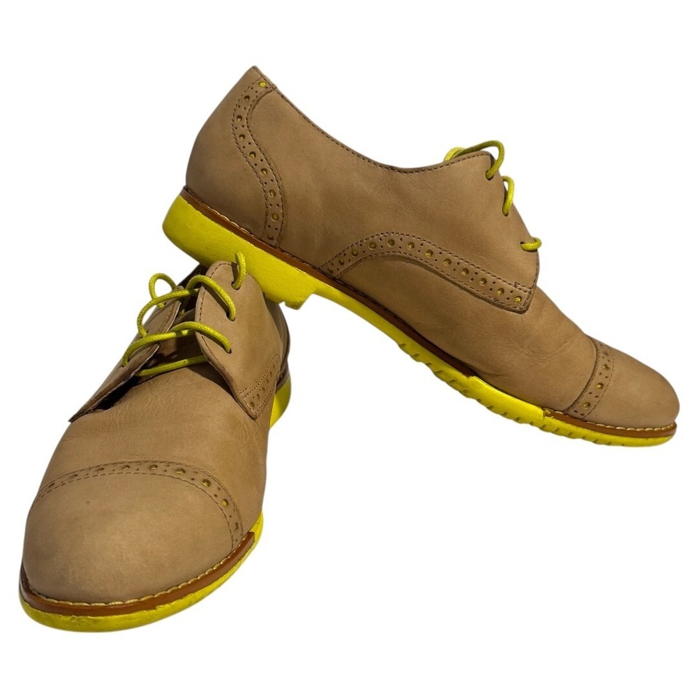 COLE HAAN Beige Suede Neon Yellow Lace‎ Up Round Toe Flat Oxfords Sz 6B